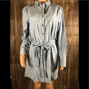 SO Button Down Blue Jean Linen Belted Shirt Dress